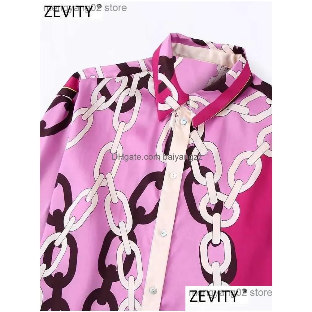womens blouses shirts zevity women vintage chain print color matching casual satin shirt office lady split smock blouse roupas chic blusas tops ls2136