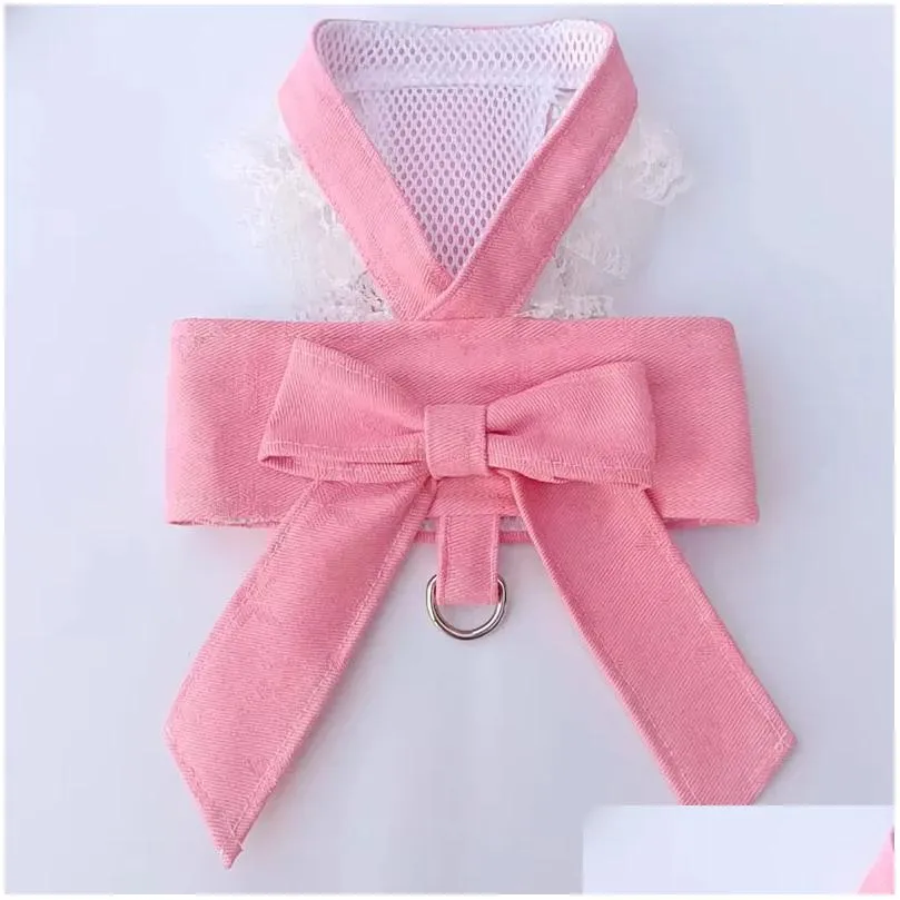 Designer Dog Harness with Bow Knot No Pull Pet Classic letter pattern Harness with D-Ring Soft Mesh Dog Dress Escape Proof Princess Puppy Harness for Small Dogs