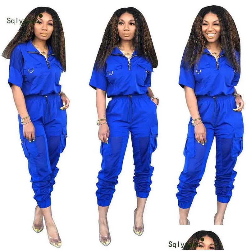 Women`S Two Piece Pants Neon Solid Sportwear Women Outfits Short Sleeve Zip Jacket Top Add Mesh Streetwear Tracksuit Matching Sets 21 Dh7Tj