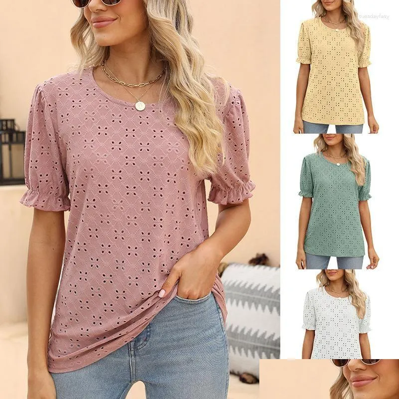 Women`s T Shirts 2023 Summer Fashion Ruffled Hollow Out Round Neck Short Sleeve Solid Color T-Shirts Casual Loose Tunic Tops Clothing