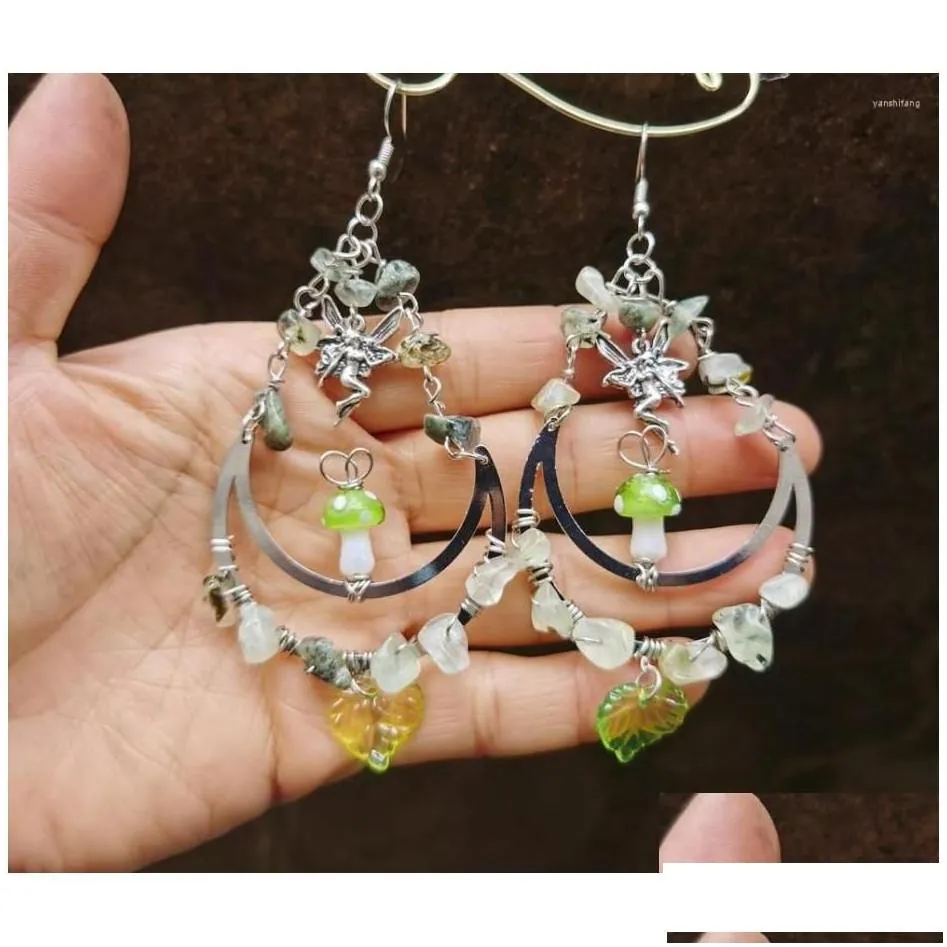 Dangle Chandelier Earrings Magic Olive Green Mushroom Standing On Moon Prehnite Cottagecore Jewelry Witchy Boho Drop Delivery Oti02