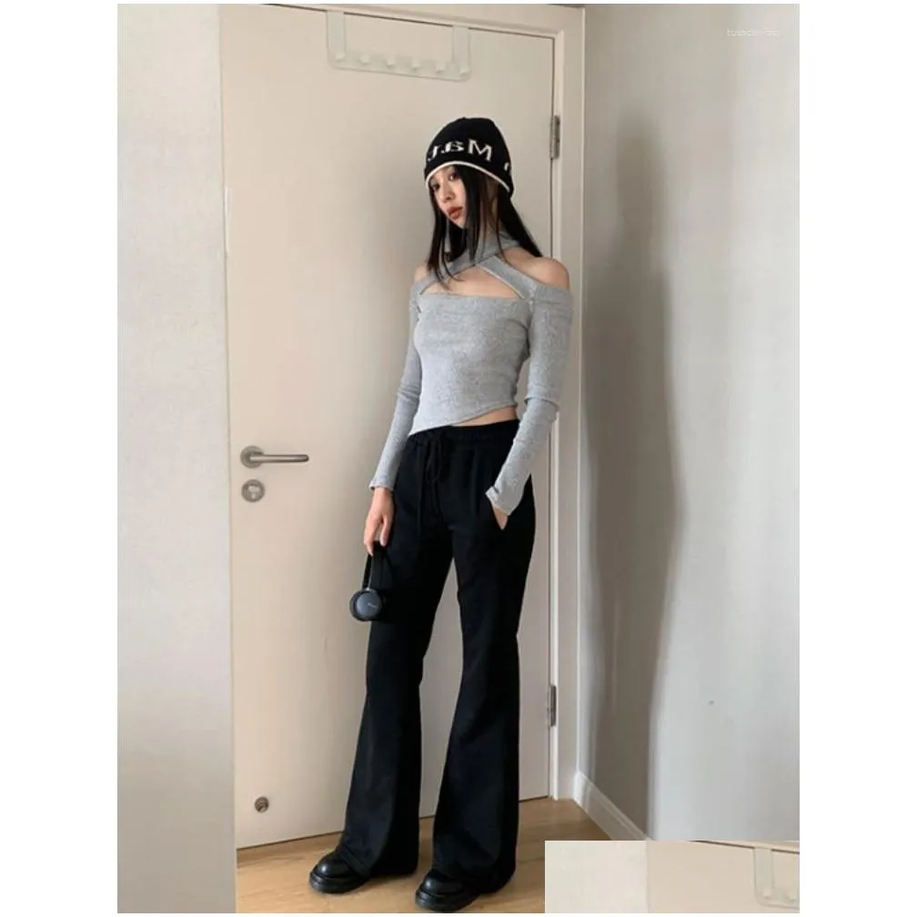 Women`s T Shirts Korean Y2k Aesthetic Irregular Long Sleeve T-Shirt Women Solid Cross Halter Tee Shirt Off Shoulder Hollow Out Crop Top