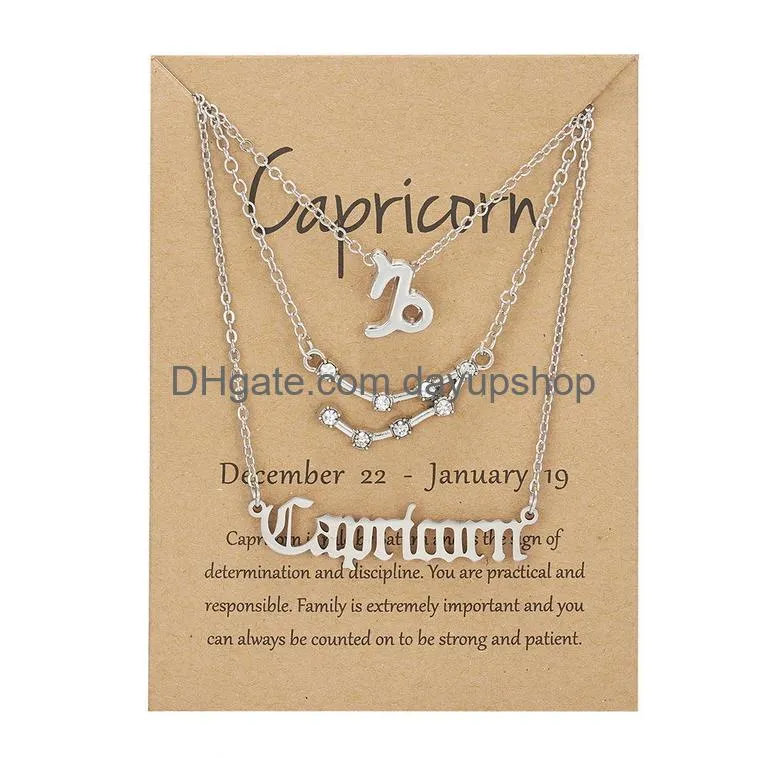 Pendant Necklaces 3Pcs/Set 12 Constellation Zodiac Sign Necklace Horoscope Zircon Jewelry Galaxy Libra Astrology Gift With Retail Drop Dhpst