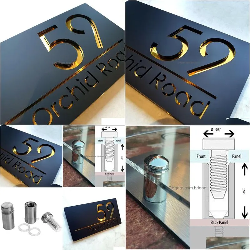 Garden Decorations Personalised Laser Cut House Signs Matt Black Gold Mirror Door Number Address Plaques Numbers 230812 Drop Delivery Dh09L