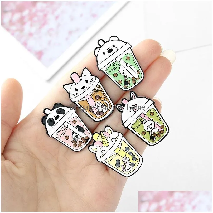 cute animal modeling pearl milk tea pins cat panda rabbit bear unicorn paint badge unisex children alloy bottle hat bags collar br2620