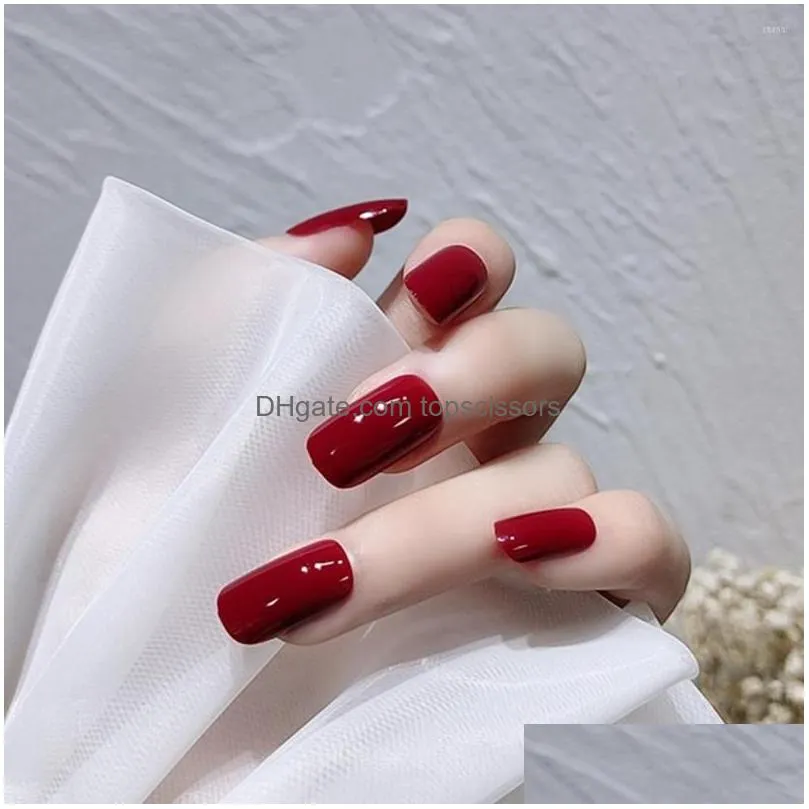 False Nails 24Pcs Red Solid Color Fake French Acrylic Fl Er Temperament Elegant Fingernail Sticker Drop Delivery Dh48Z