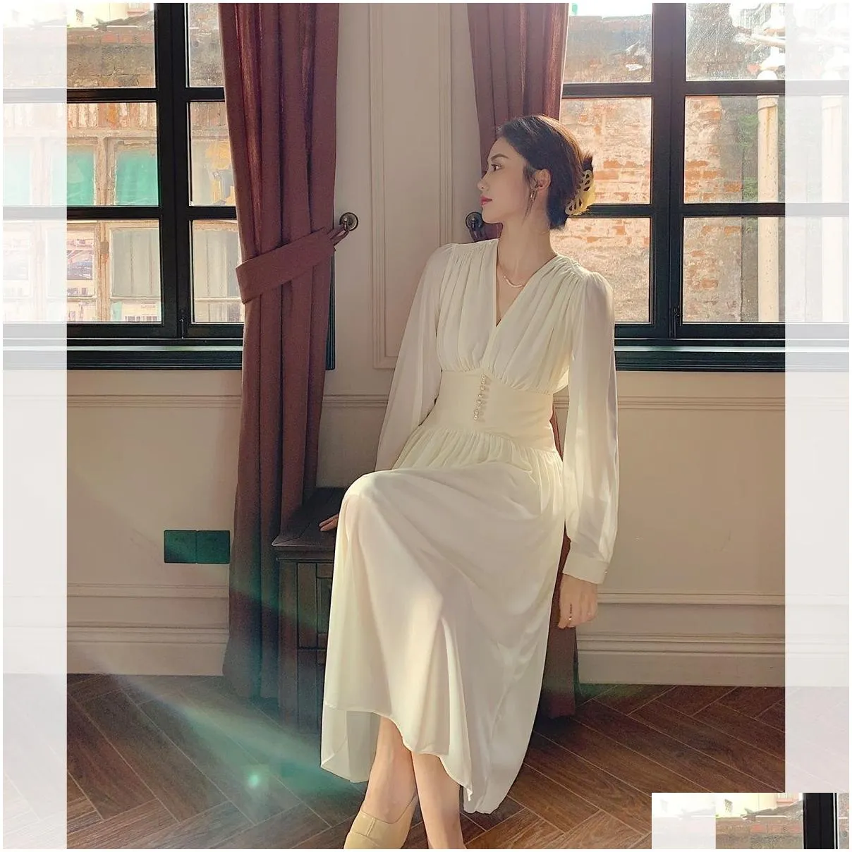 Basic & Casual Dresses Elegant Dress Ladie Long Sleeve Evening Midi Women Designer Vintage Party Korean Female Autumn 210521 Drop Del Dhhct