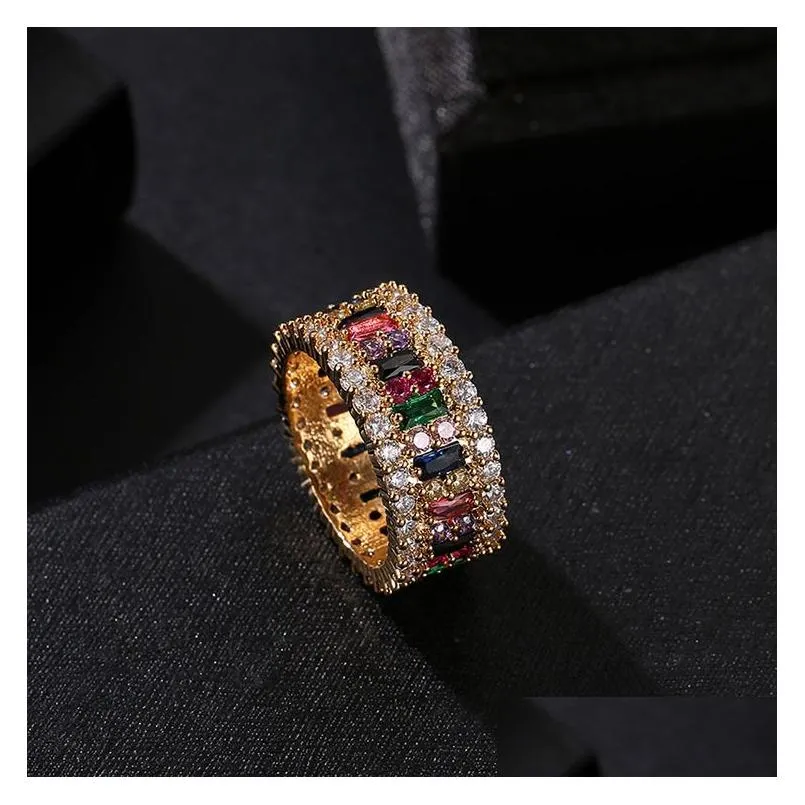 Wedding Ring Women Men 6-9 Gold Plated Rainbow Love Rings Micro Paved 7 Colors Flower Jewelry Couple Gift