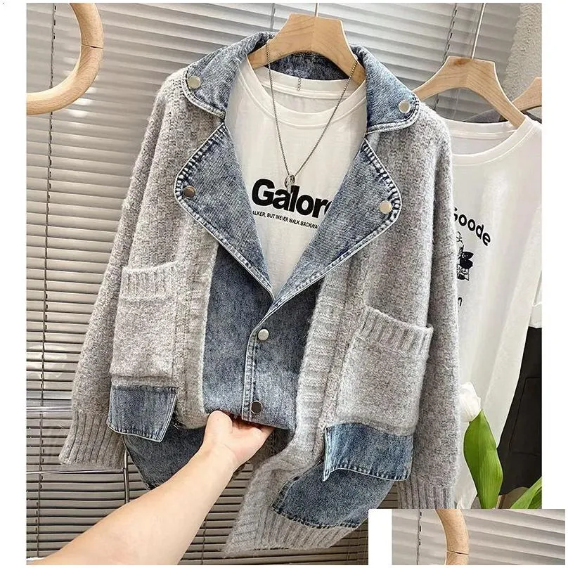 Women`s Jackets 2023 Autumn Winter Women Splicing Denim Jacket Long Sleeve Jean Female Loose Sweater Cardigan 231109