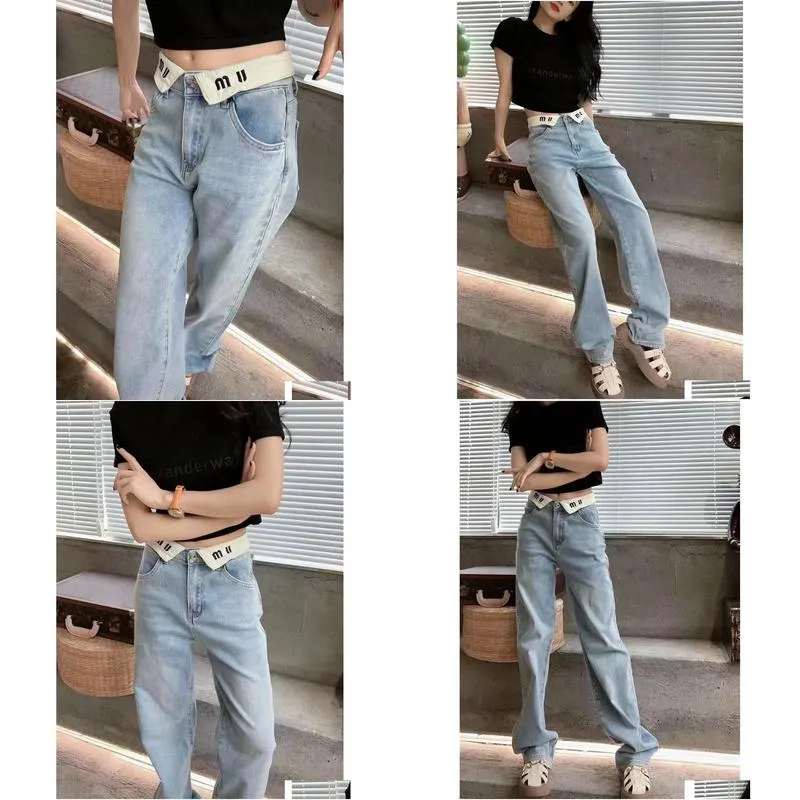 Womens designer jeans high waisted skinny jeans with white lapel letter design and straight length Denim pants