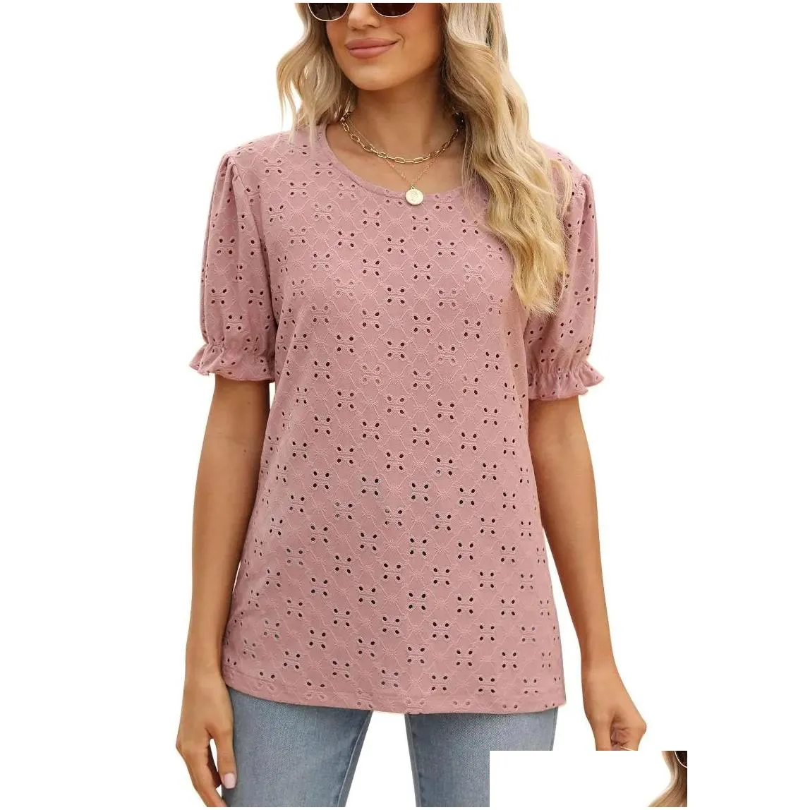 Women`s T Shirts 2023 Summer Fashion Ruffled Hollow Out Round Neck Short Sleeve Solid Color T-Shirts Casual Loose Tunic Tops Clothing