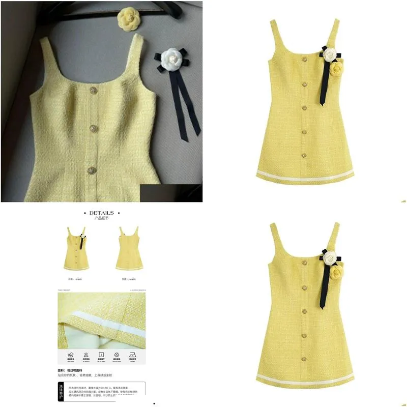 Women`s yellow color sleeveless tweed woolen flower work slim waist casual dress SML