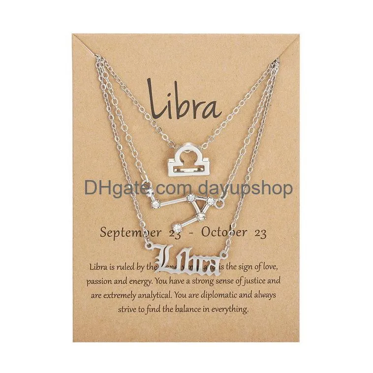 Pendant Necklaces 3Pcs/Set 12 Constellation Zodiac Sign Necklace Horoscope Zircon Jewelry Galaxy Libra Astrology Gift With Retail Drop Dhpst