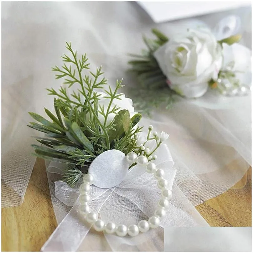 Decorative Flowers Ivory Rose Wrist Corsage Wristlet Band Bracelet And Men Boutonniere Set For White Wedding Accessories Prom Suit