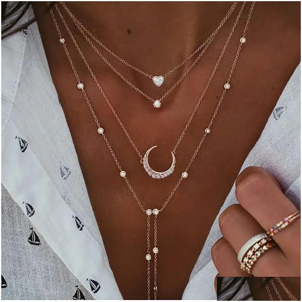 Chokers Vintage Crystal Geometry Star Moon Lock Necklace For Women Boho Mti Level Pendants Necklaces Jewelry Gift 231025 Drop Deliver Dhza2
