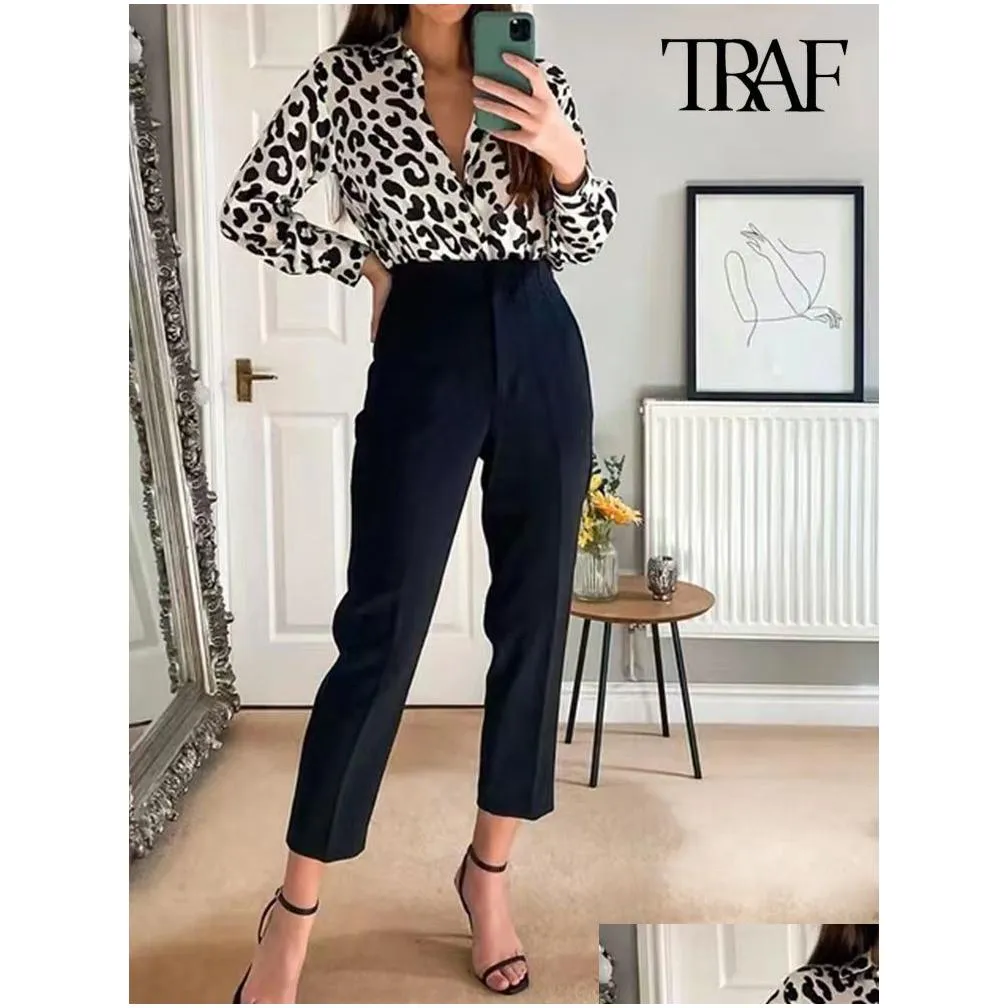 Women`S Pants & Capris Women S Traf Fashion With Pockets Casual Basic Solid Vintage High Waist Zipper Fly Female Ankle Trousers Panta Dhkgt