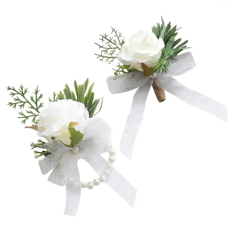 Decorative Flowers Ivory Rose Wrist Corsage Wristlet Band Bracelet And Men Boutonniere Set For White Wedding Accessories Prom Suit