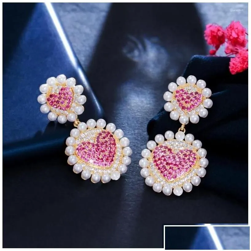 Dangle Chandelier Earrings Cwwzircons Pink Heart Shape Imitation Pearl Cubic Zirconia For Women Engagement Dress Jewelry Cz937 Drop De