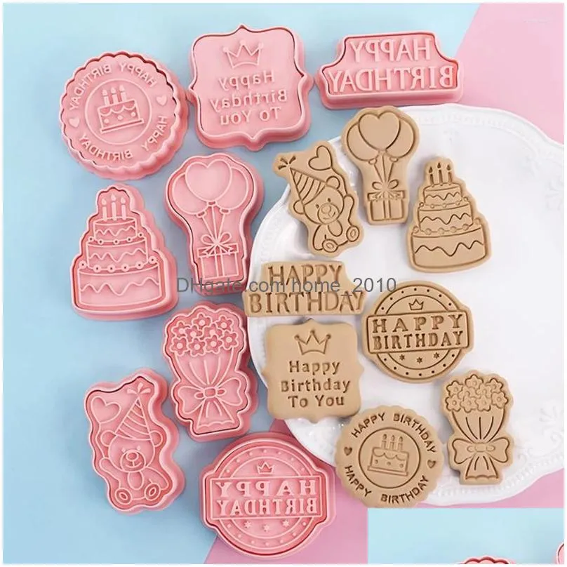 baking moulds 8pcs happy birthday cookie cutter plastic 3d stamp molds type party biscuit pastry bakeware accessories