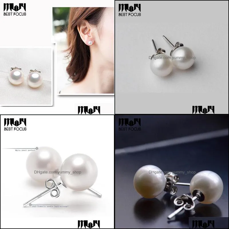 Stud Pearl Earrings 925 Sterling Sier 6-10 Mm White Freshwater Round For Women Wedding Jewelry Christmas Drop Delivery Dhgarden Dhxqw