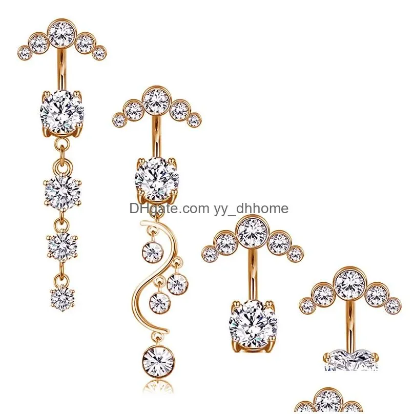 4pcs/set navel belly button rings dangling rosew gold silver color zircon stone women summer medical stainless steel piercing body jewlery 2023