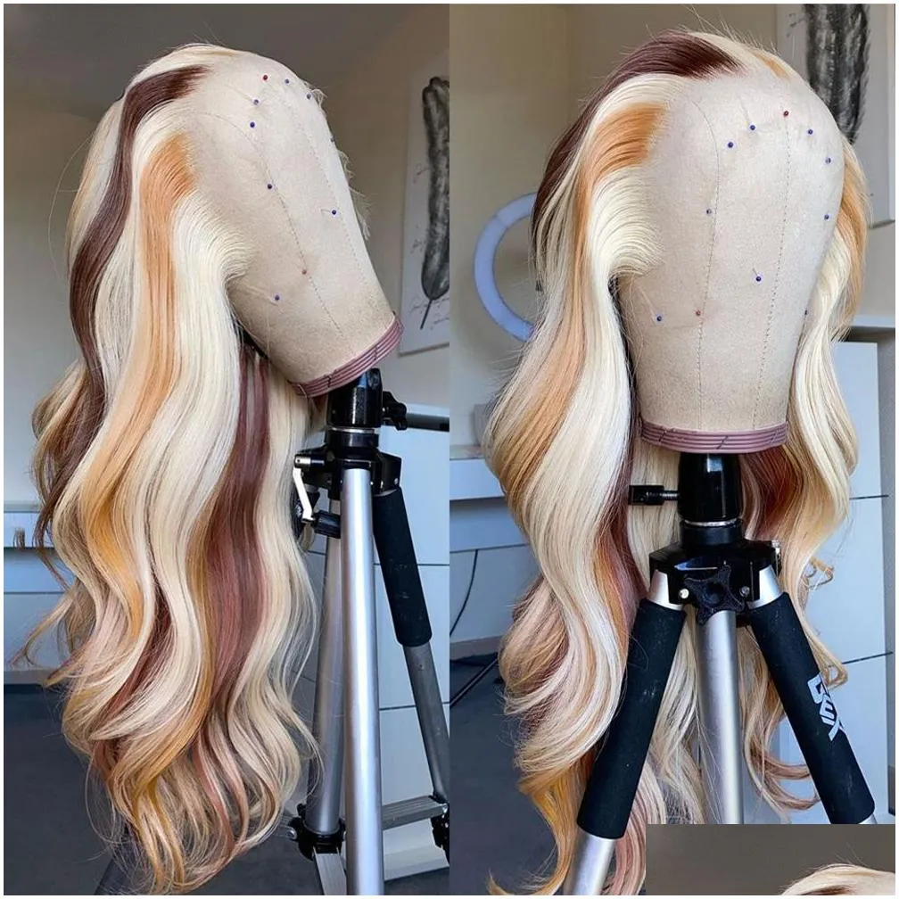 180 Density Brazilian Highlight Blonde Colored Simulation Human Hair Wig Body Wave Ombre HD Transparent Straight Lace Front Wigs For