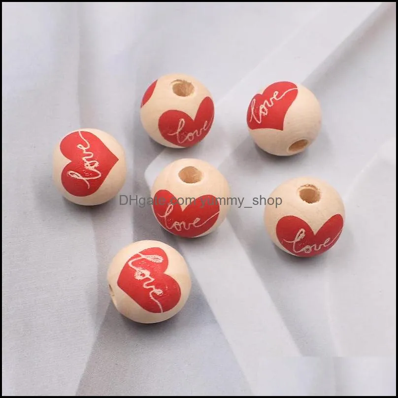 Wood 16Mm Round Bead Red Love Heart Printing Valentines Day Wooden Loose Beads Diy Jewelry Accessory Drop Delivery Dhgarden Dhqpu