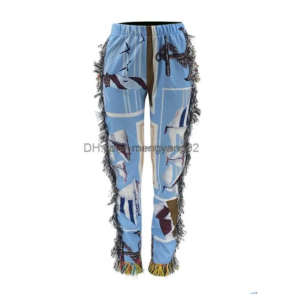 womens pants capris folk style high waisted jogger sweatpant for female aesthetic print side tassels fringe trouser casual workout running long pant