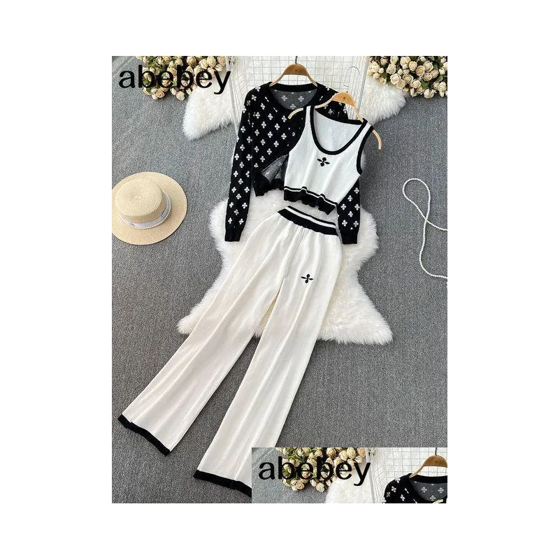 Women`S Two Piece Pants Women S Tracksuits Chic 3 Set Costume Knitted White Lounge Suit Black Cardigan Sweater Jogger Sleeveless Tank Dhhwo