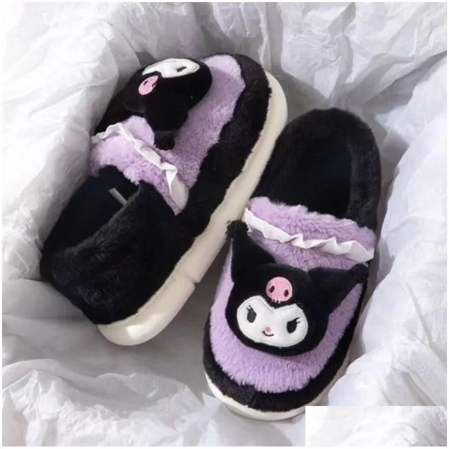 Ins Fashion Cartoon Cute Kuromi Melody Cinnamoroll Plush Shoes Home Warm Plush Shoes Festival Gift Size 35-40