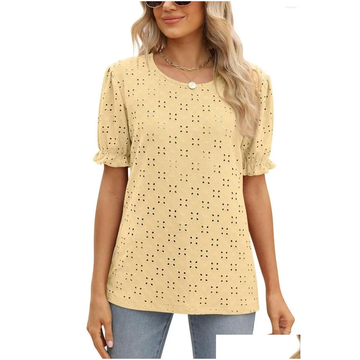 Women`s T Shirts 2023 Summer Fashion Ruffled Hollow Out Round Neck Short Sleeve Solid Color T-Shirts Casual Loose Tunic Tops Clothing