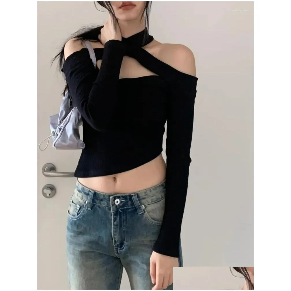 Women`s T Shirts Korean Y2k Aesthetic Irregular Long Sleeve T-Shirt Women Solid Cross Halter Tee Shirt Off Shoulder Hollow Out Crop Top