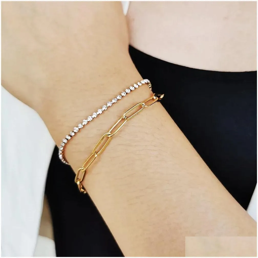 Dainty Gold Bracelets for Women,Golden Color 14k Yellow Gold Adjustable Layered Paperclip Tennis Chain Bracelet Cute Jewelry