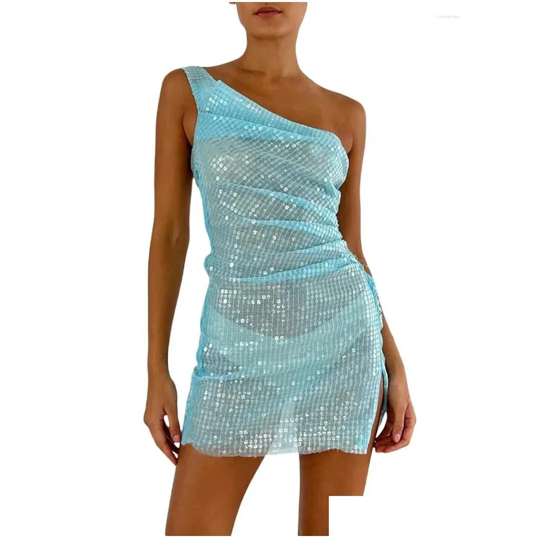 Casual Dresses Womens One Shoulder Sequin Mini Dress Sparkly Glitter Ruched Split Bodycon Party Club Swimsuit Cover Ups