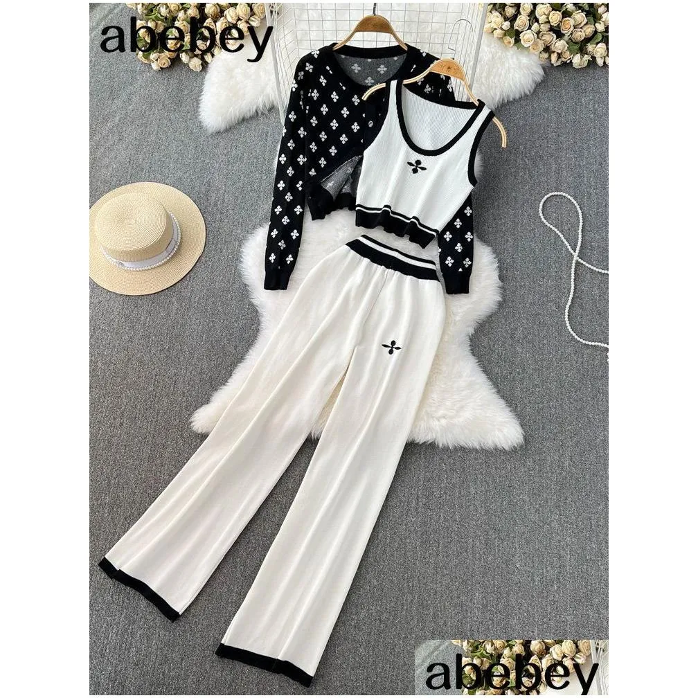 Women`S Two Piece Pants Women S Tracksuits Chic 3 Set Costume Knitted White Lounge Suit Black Cardigan Sweater Jogger Sleeveless Tank Dhhwo