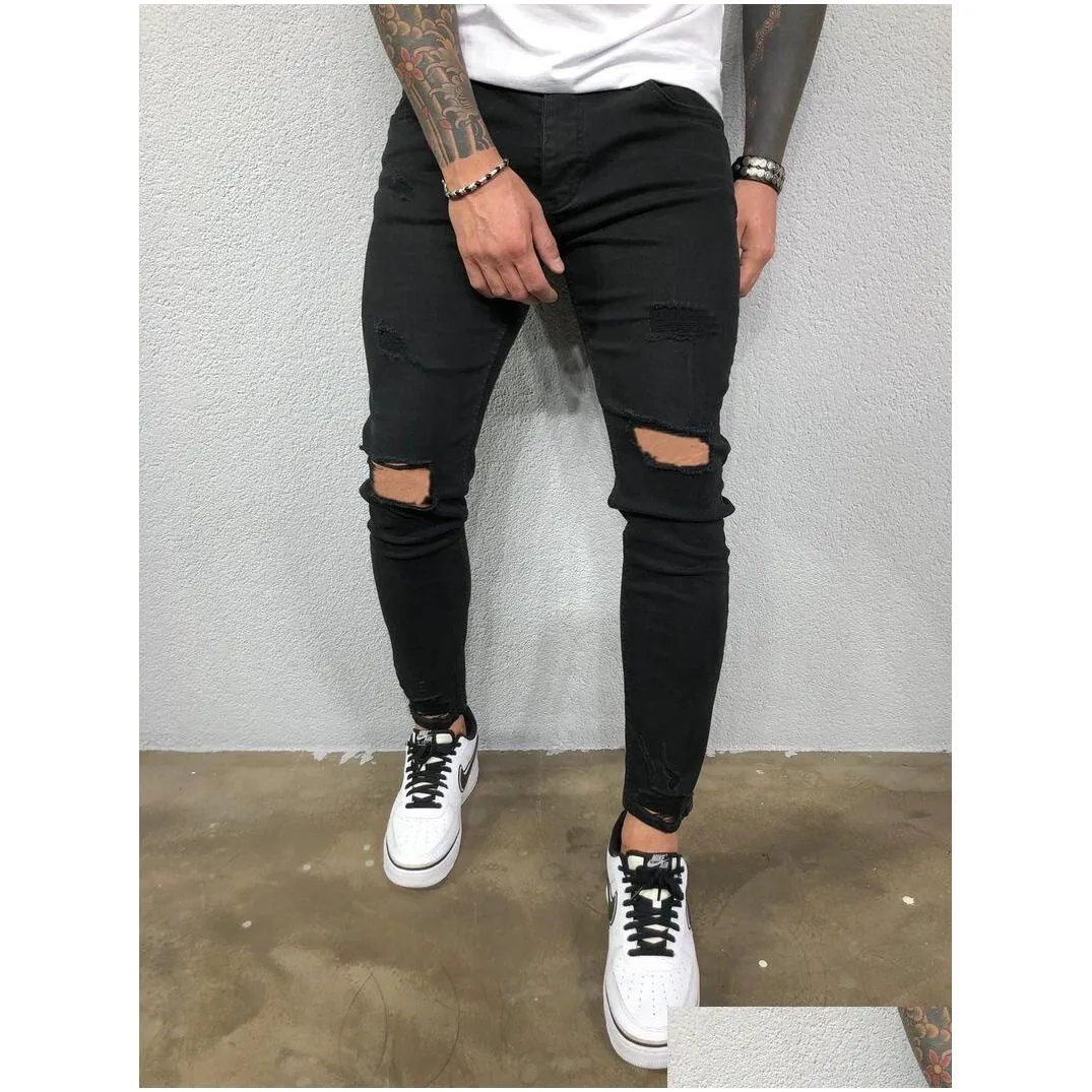 Men`S Jeans Mens Destroyed Skinny Cool Designer Stretch Ripped Denim Trousers For Men Casual Slim Fit Hip Hop Pencil Pants With Holes Dhwju