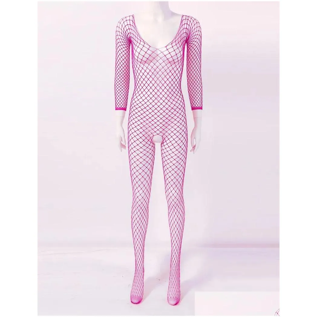 Womens Hollow Out Fishnet Bodysuit Lingerie Scoop Neck Long Sleeves Jumpsuit Crotchless Stretchy Full Body Stocking for Couple