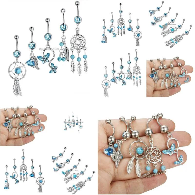 5pcs/set dream catcher blue stone zircon crystal body jewelry stainless steel rhinestone navel bell button piercing rings for women