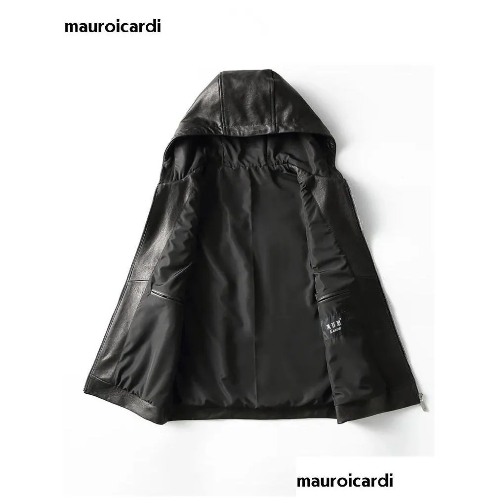 Men`S Trench Coats Men S Mauroicardi Spring Autumn Luxury Elegant Cool Black Pu Leather Vest For With Hood Zipper Sleeveless Jacket Cl Dhhsv