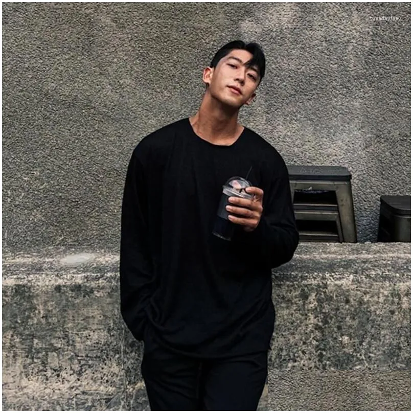 Men`s T Shirts Fall Thin Long Sleeve O Neck Men Fashion Simple Lazy Harajuku High Street 2xl Oversized Clothing Tops Daily Black Khaki