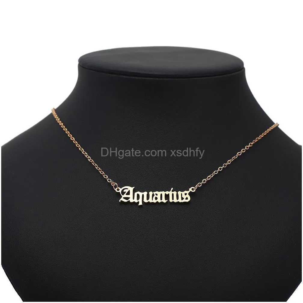 Pendant Necklaces Pure Copper Retro English Letters 12 Constellation Zodiac Sign Necklace Horoscope Zircon Jewelry Galaxy Libra Astrol Ot3Yq