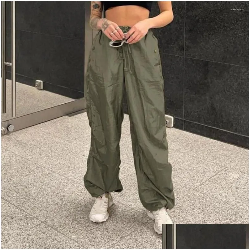 Women`s Pants Women Cargo Retro Gothic Streetwear Loose Low Waist Length Hip Hop Deep Crotch Elastic Lightweight Baggy Trousers