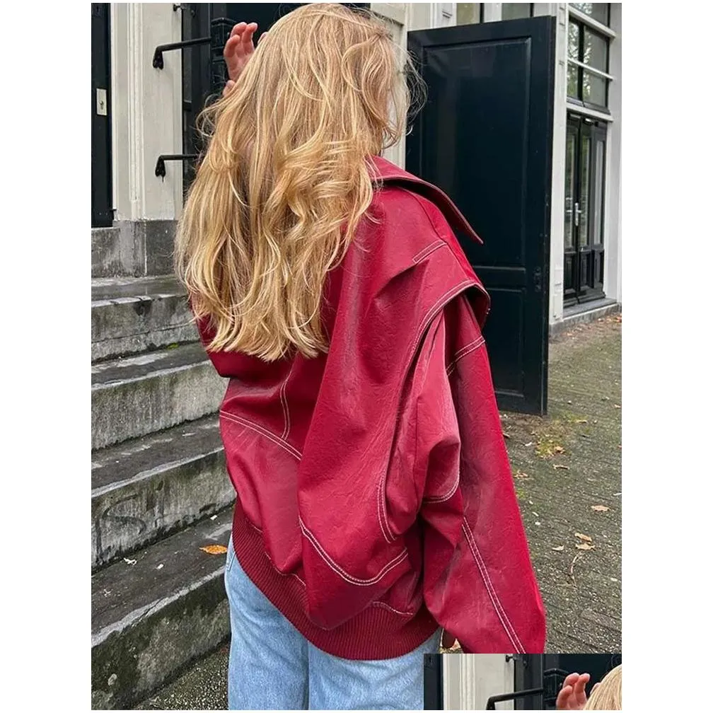 Women`S Fur & Faux Womens Autumn Red Stitch Jackets For Women Fashion Turn Down Collar Lapel Oversize Leather Coats 2023 Chic Contrast Dh3Ih