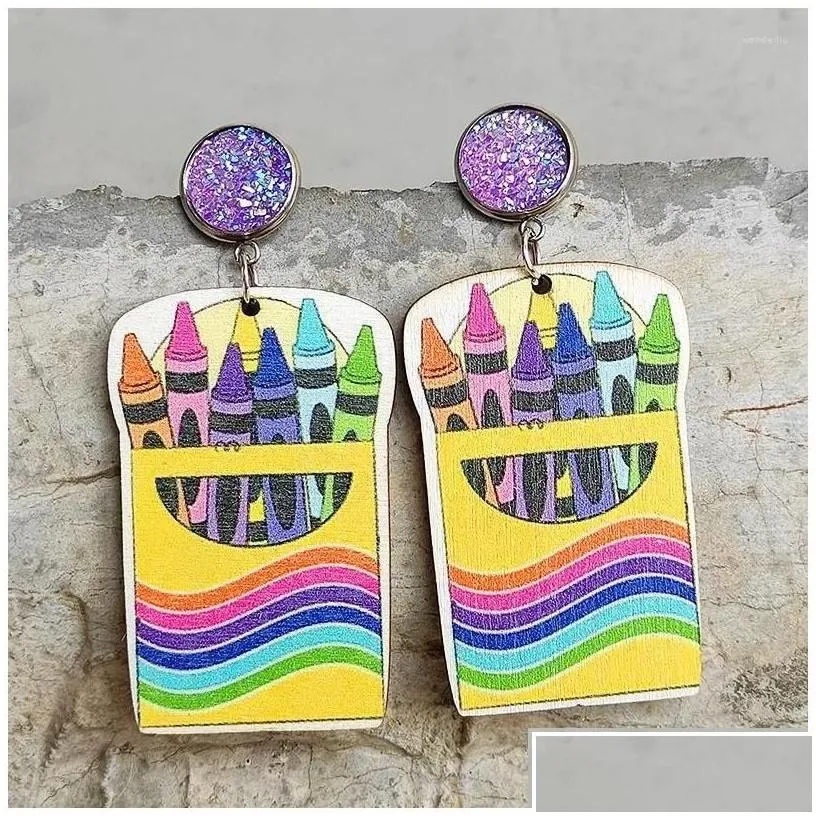 Dangle Chandelier Earrings Cute Teacher Student Reading Color Pen Wood Purple Shiny Stainless Steel Bottom Support Needle Drop Deliver