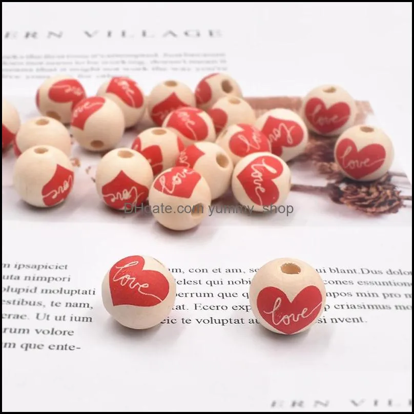 Wood 16Mm Round Bead Red Love Heart Printing Valentines Day Wooden Loose Beads Diy Jewelry Accessory Drop Delivery Dhgarden Dhqpu