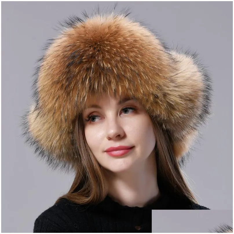 Trapper Hats Natural Fur Russian Tion Hat With Ears Ushanka Women Winter Warm Fluffy Stylish Female Tail Cap Fashion Real 221129 Drop Dha49