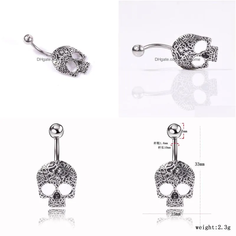 sexy wasit belly dance punk vintage skull body jewelry stainless steel navel bell button piercing dangle rings for women