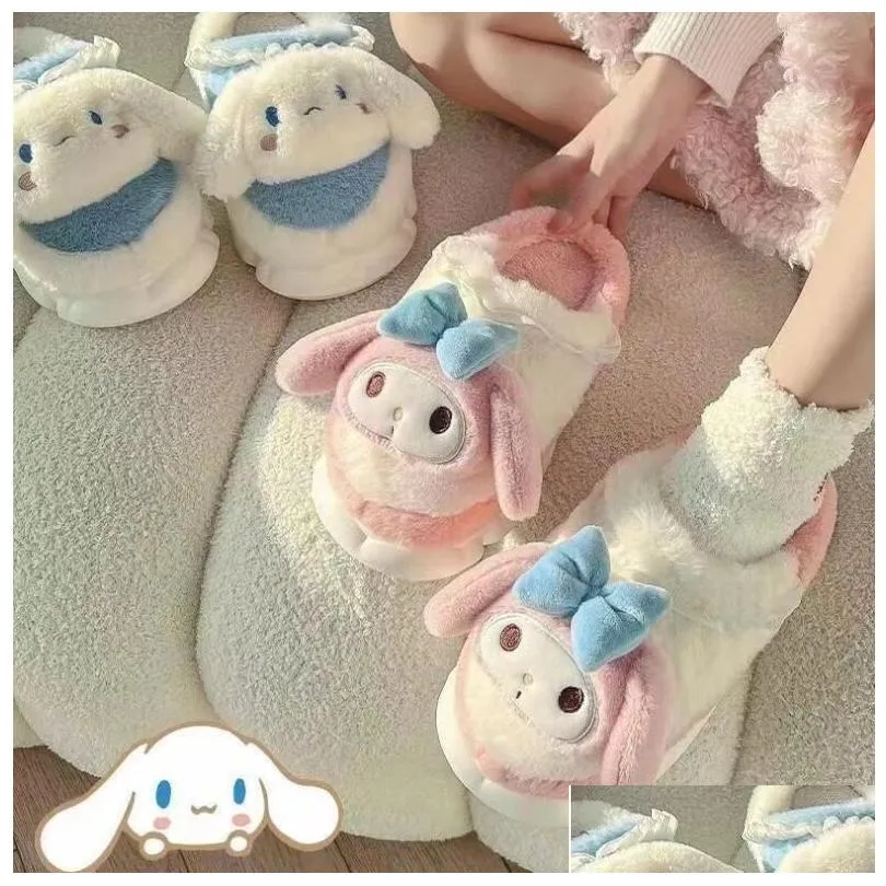 Ins Fashion Cartoon Cute Kuromi Melody Cinnamoroll Plush Slipper Home Warm Plush Slipper Festival Gift Size 35-40