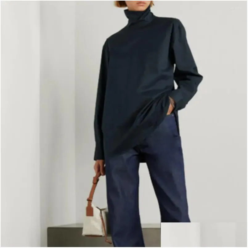 Women`s Blouses Pre-Fall Cotton Turtleneck Back Slit Button-Up Shirt