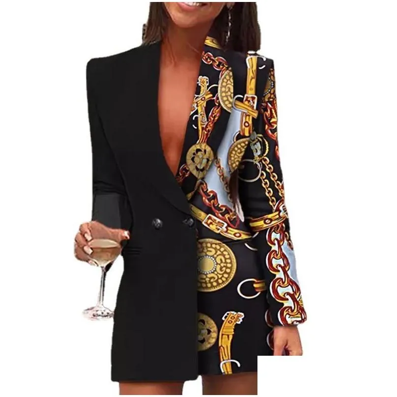 Women`S Suits & Blazers Womens Stitching Printed Long Sleeve Suit Casual Blazer Black Double Breasted Ladies Jackets Clothing Streetw Dhb0J